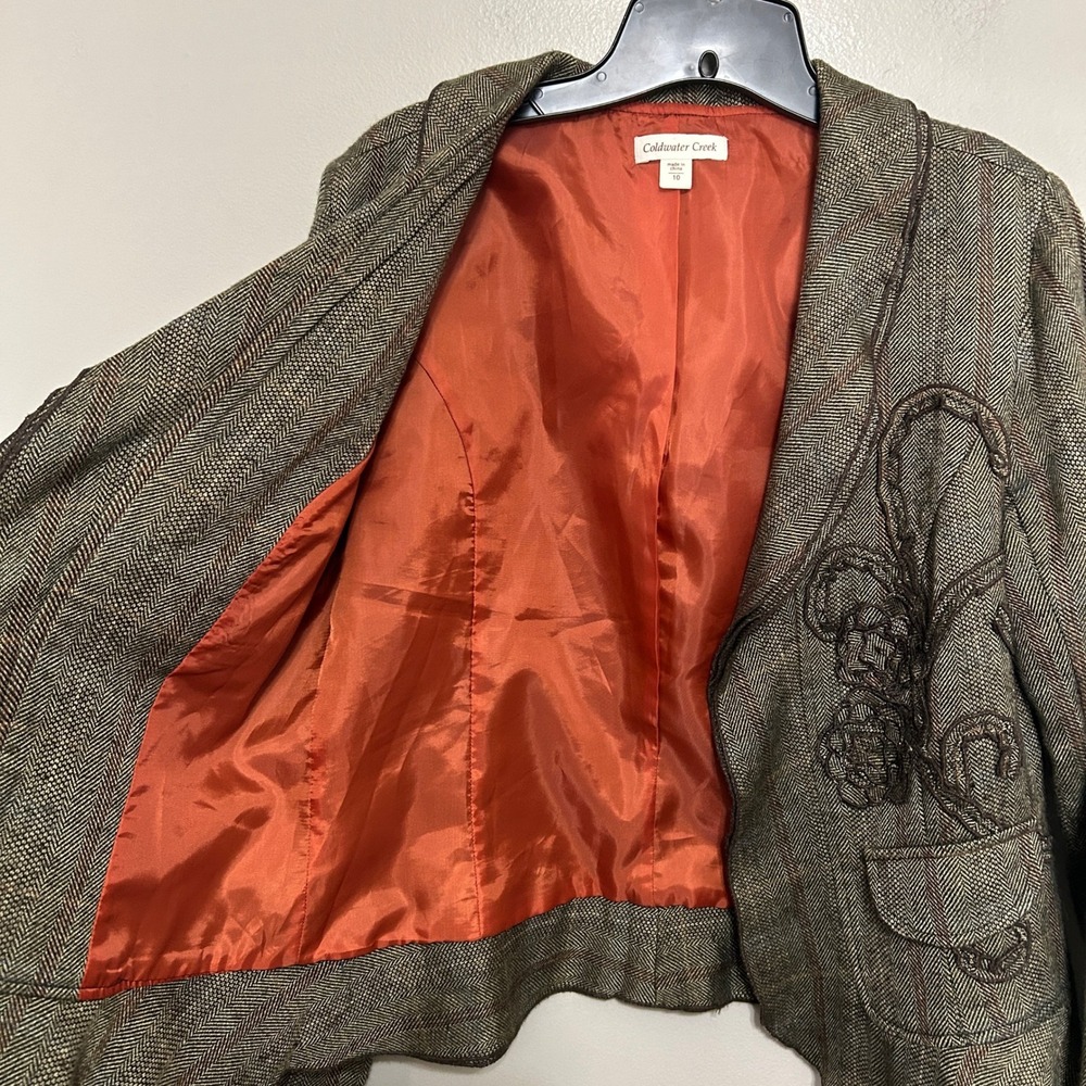 Women's Cottagecore Blazer 10 Brown Herringbone Floral Embroidered Dark Academia - Picture 3 of 12
